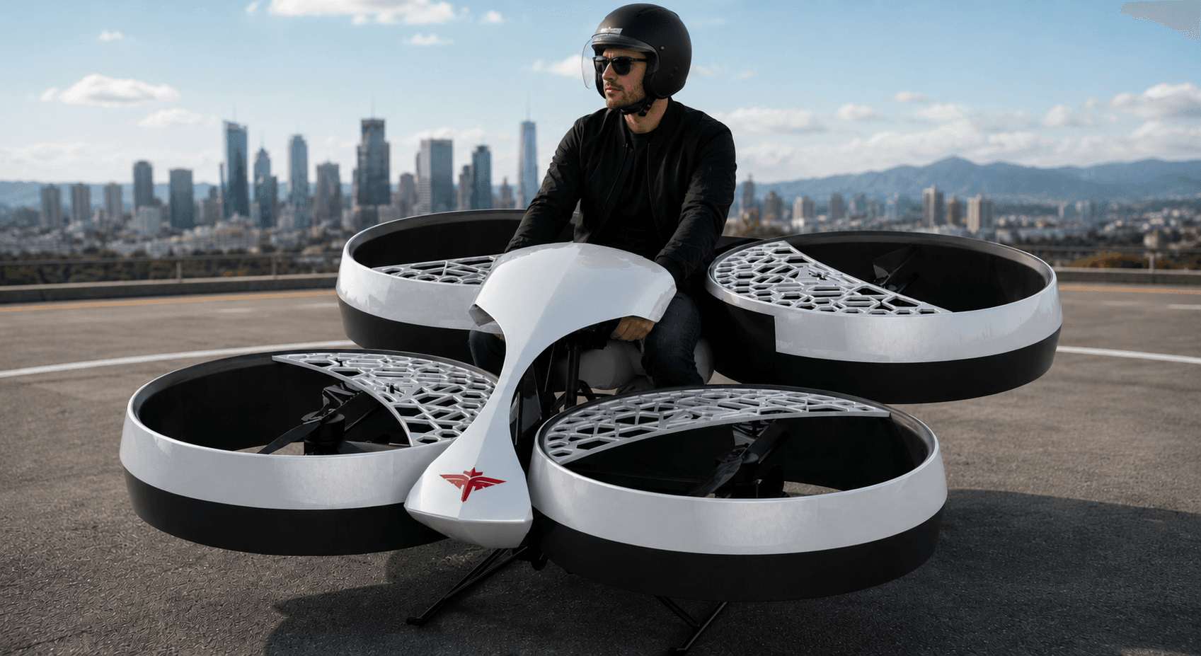 Single-rider ducted-fan personal airbike on a dark hangar floor