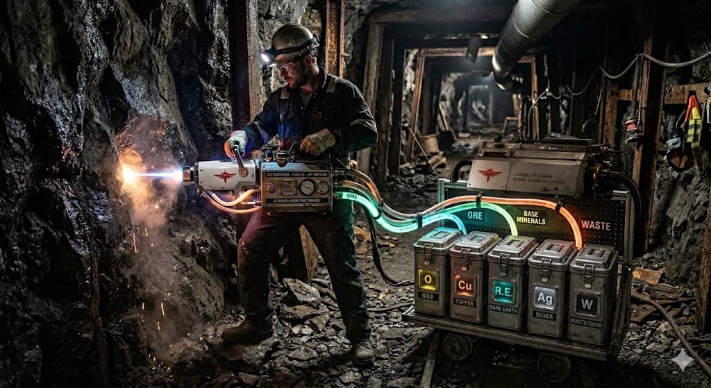 Laser and plasma mining-and-sorting machine routing fractions into containers